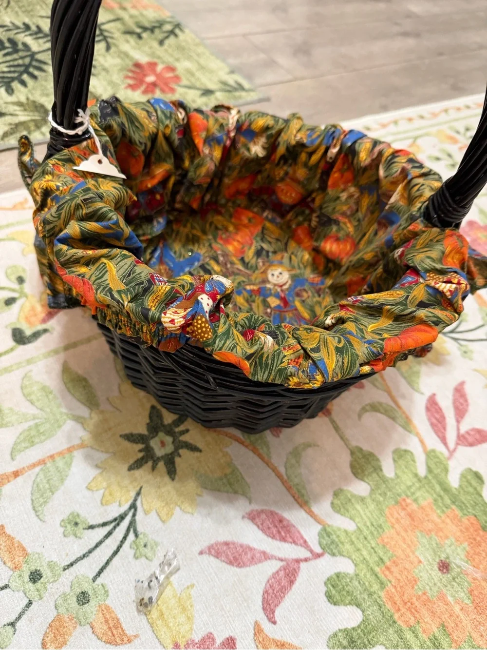 Vintage Autumn Fabric Lined Black Wicker Basket Colorful Autumn Primitives